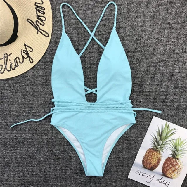 2021 Summer New Women Bodysuits Sexy Bandage  High Cut One-piece Swimwear Sizes S - XL