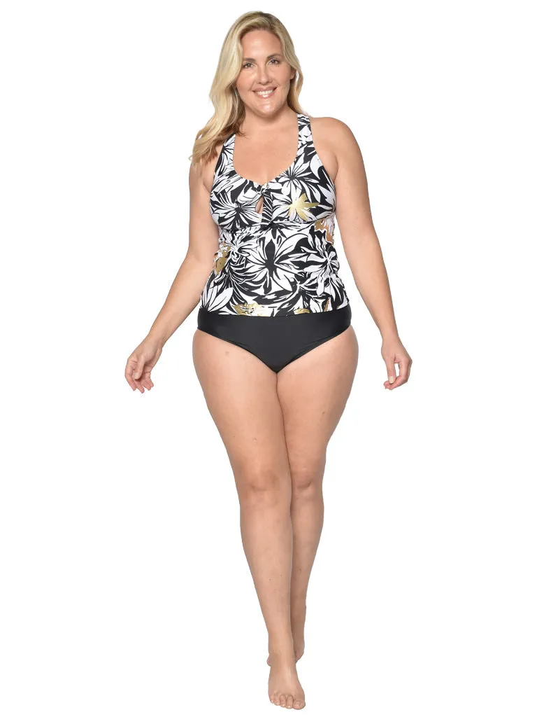 A racer-back tankini with a midrise bottom pant