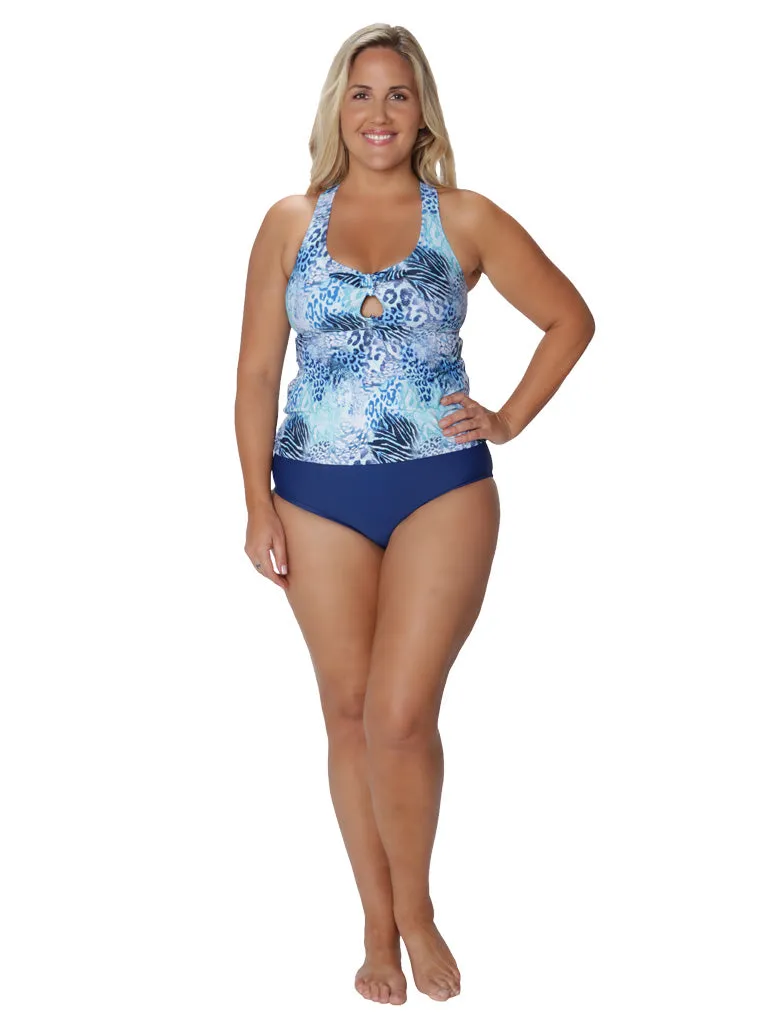 A racer-back tankini with a midrise bottom pant