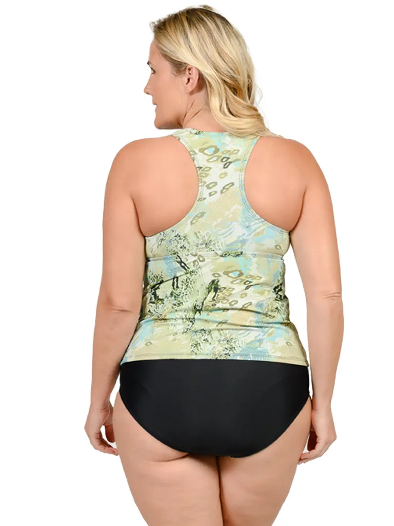 A racer-back tankini with a midrise bottom pant