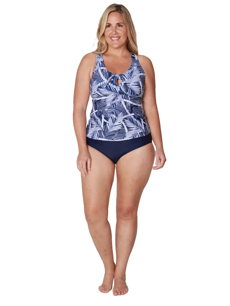 A racer-back tankini with a midrise bottom pant