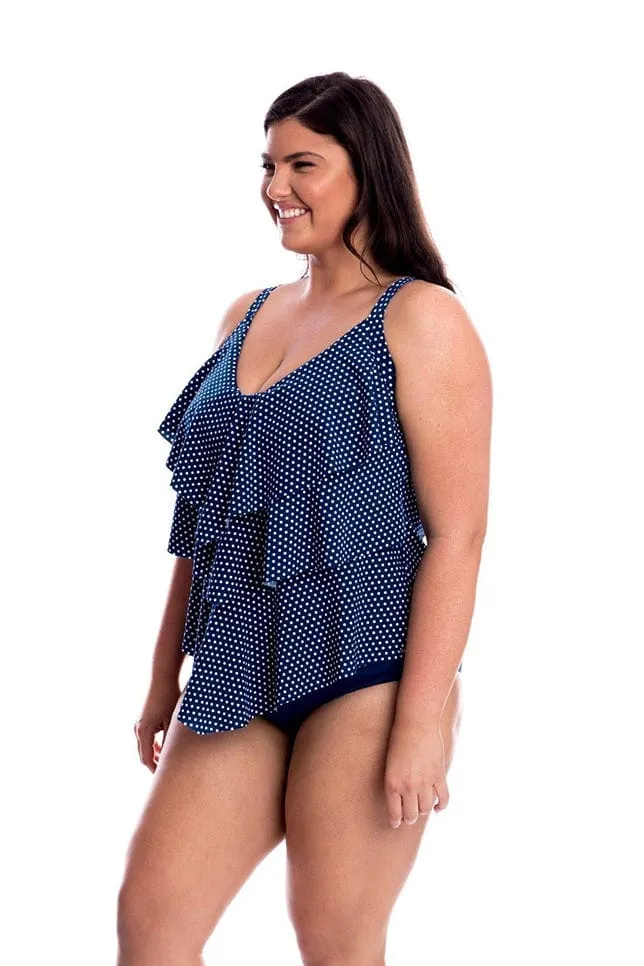 Chlorine Resistant Navy & White Dots 3 Tier Tankini Top