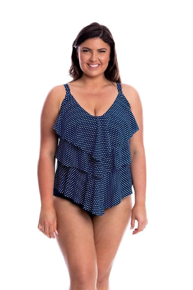 Chlorine Resistant Navy & White Dots 3 Tier Tankini Top