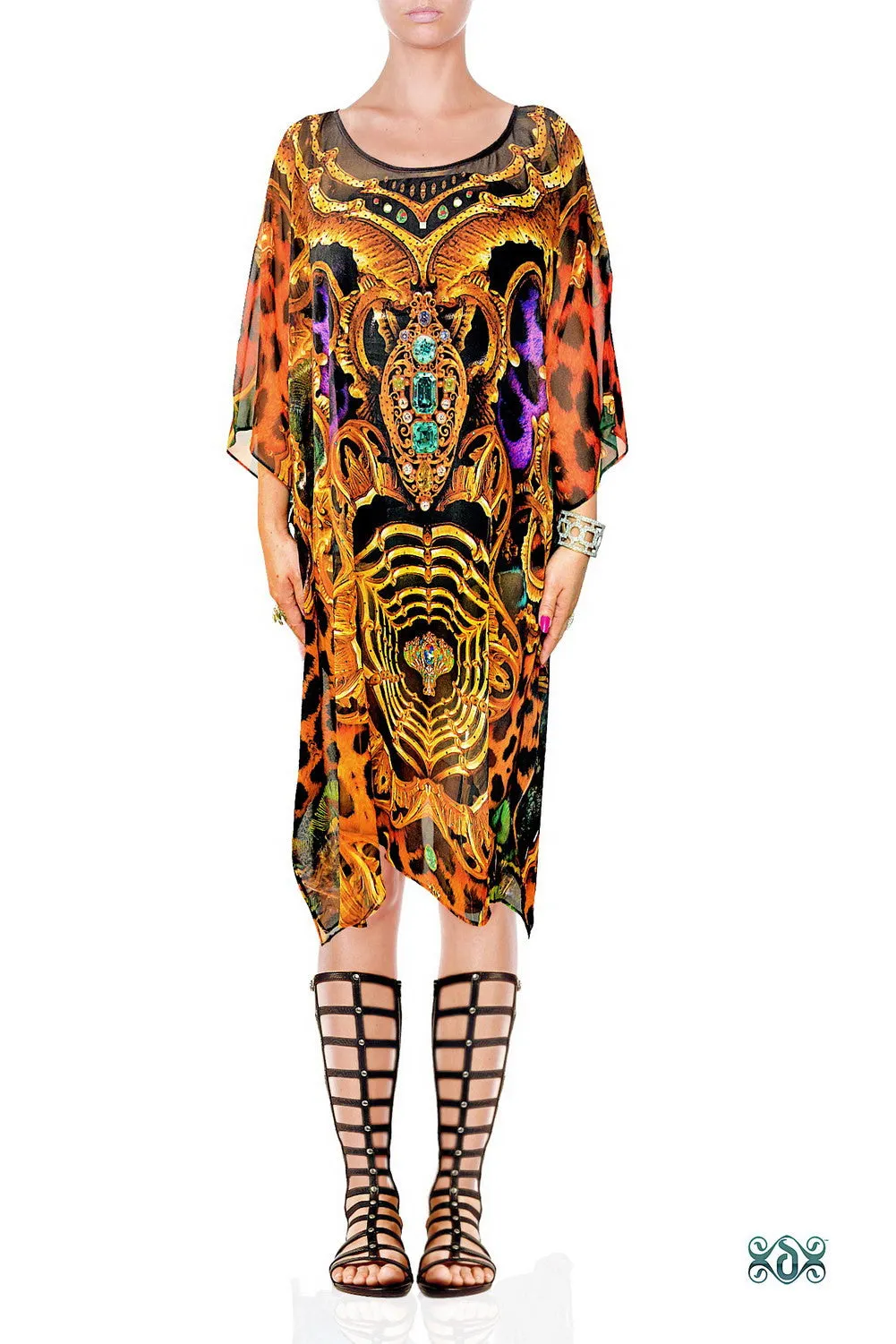 Cobweb Animal Print Kaftan, Crystals Embellished Kaftan, Short Georgette Kaftan,  - 1117B