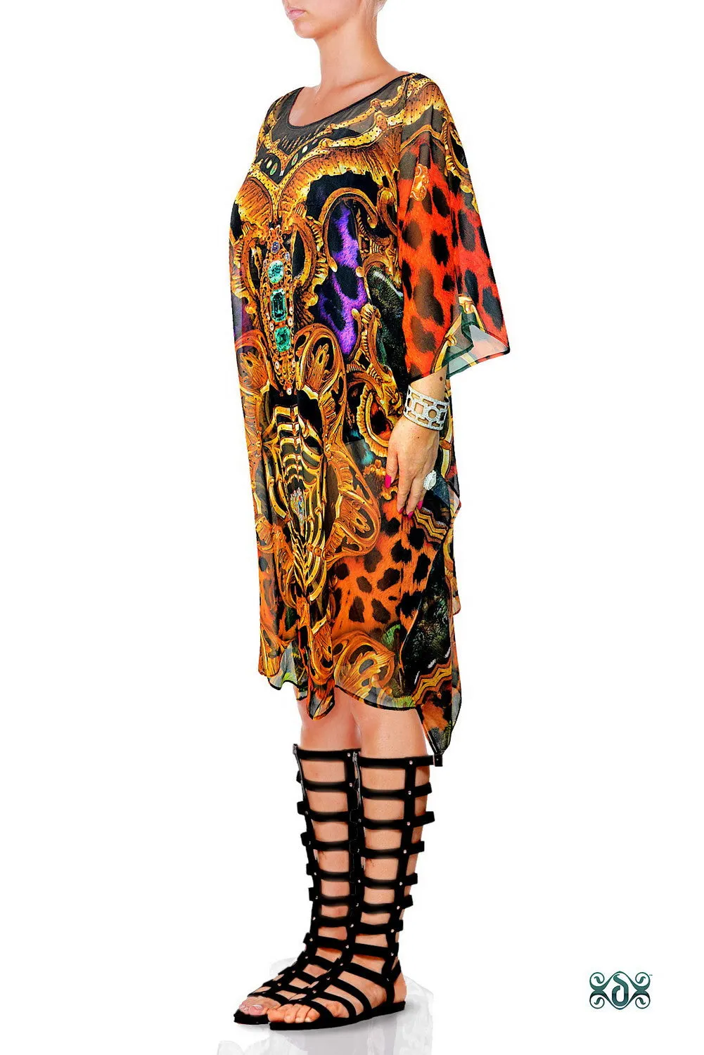 Cobweb Animal Print Kaftan, Crystals Embellished Kaftan, Short Georgette Kaftan,  - 1117B