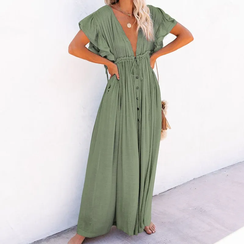 deanwangkt   Sexy Boho Dress Beach Cover Up Kaftan Women Long Beachwear Solid V Neck Ladies Holiday Dress Robe Plage Sarong Beach Pareos