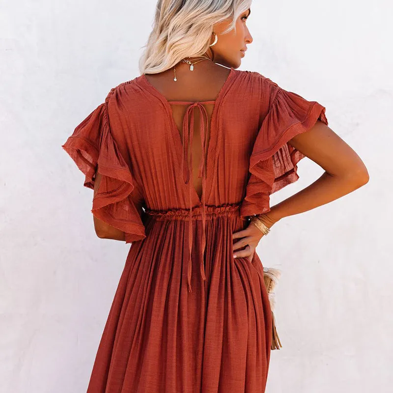 deanwangkt   Sexy Boho Dress Beach Cover Up Kaftan Women Long Beachwear Solid V Neck Ladies Holiday Dress Robe Plage Sarong Beach Pareos