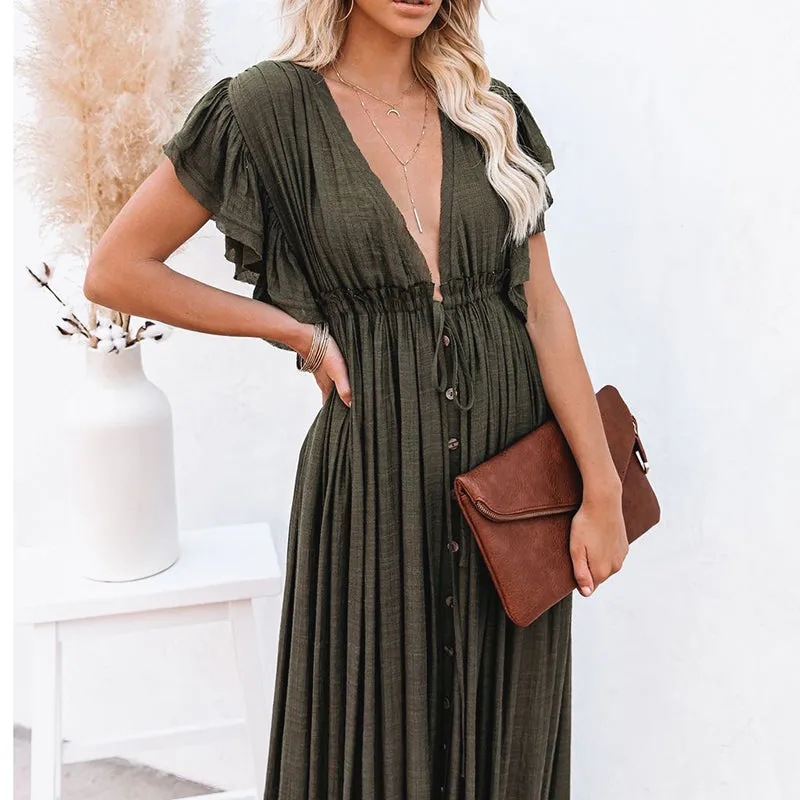 deanwangkt   Sexy Boho Dress Beach Cover Up Kaftan Women Long Beachwear Solid V Neck Ladies Holiday Dress Robe Plage Sarong Beach Pareos