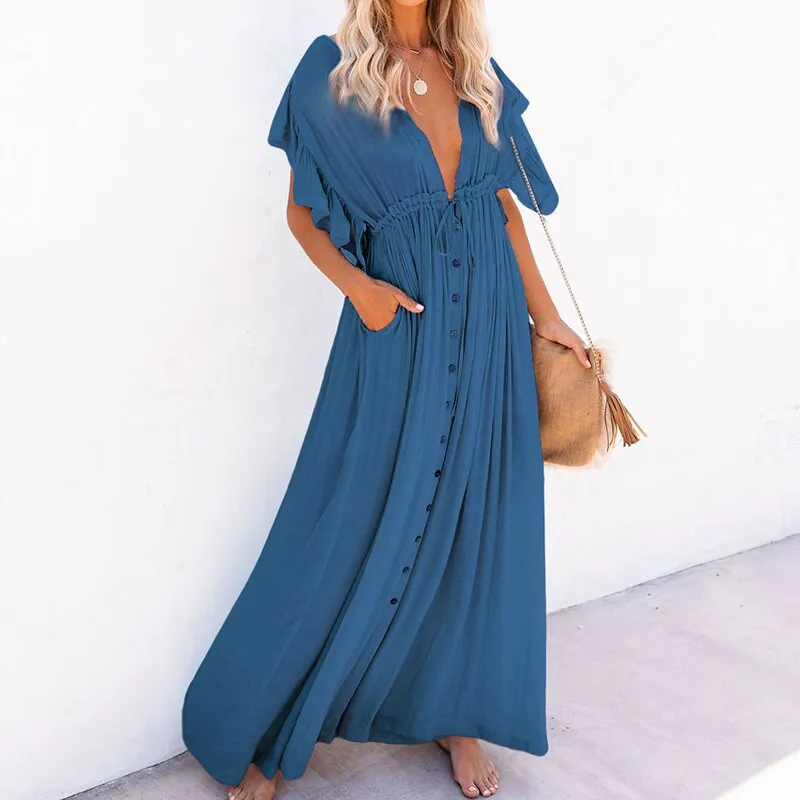 deanwangkt   Sexy Boho Dress Beach Cover Up Kaftan Women Long Beachwear Solid V Neck Ladies Holiday Dress Robe Plage Sarong Beach Pareos