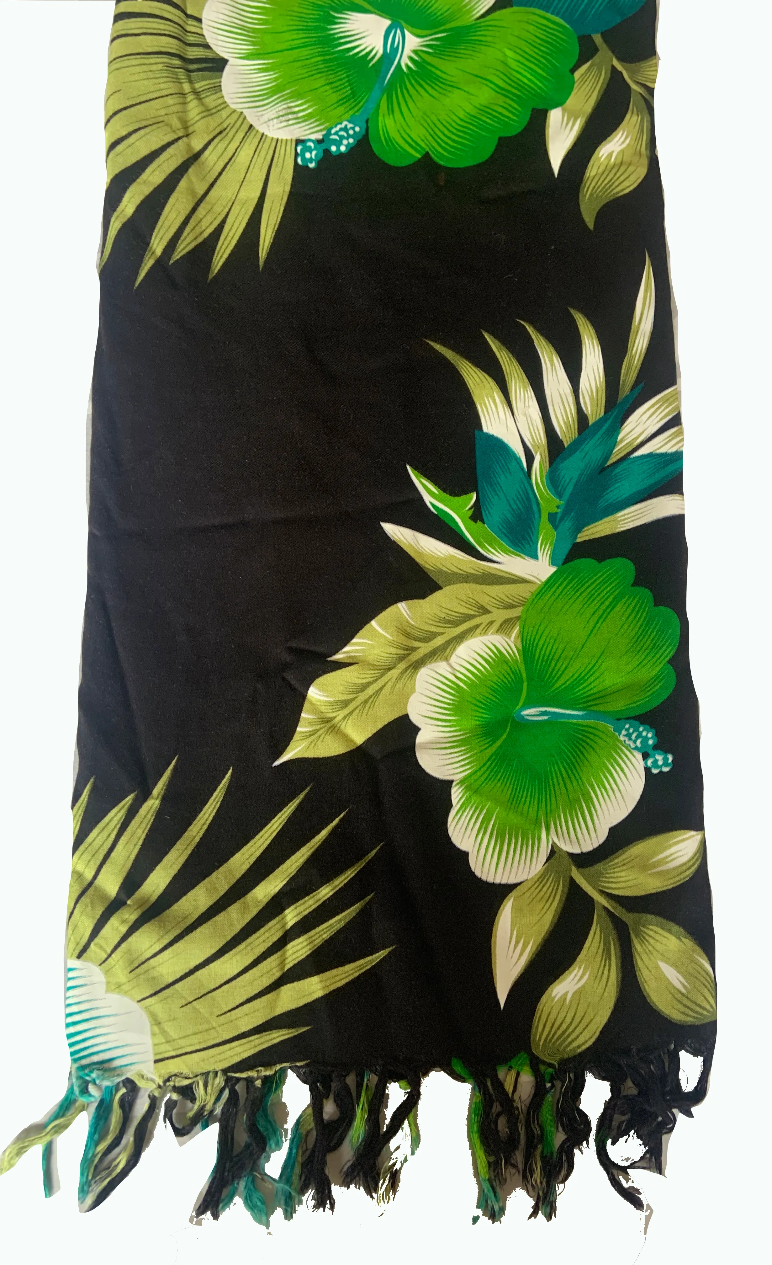 Elegant Black Sarong with Green Flower Pattern  - Sophisticated Beach Cover-Up