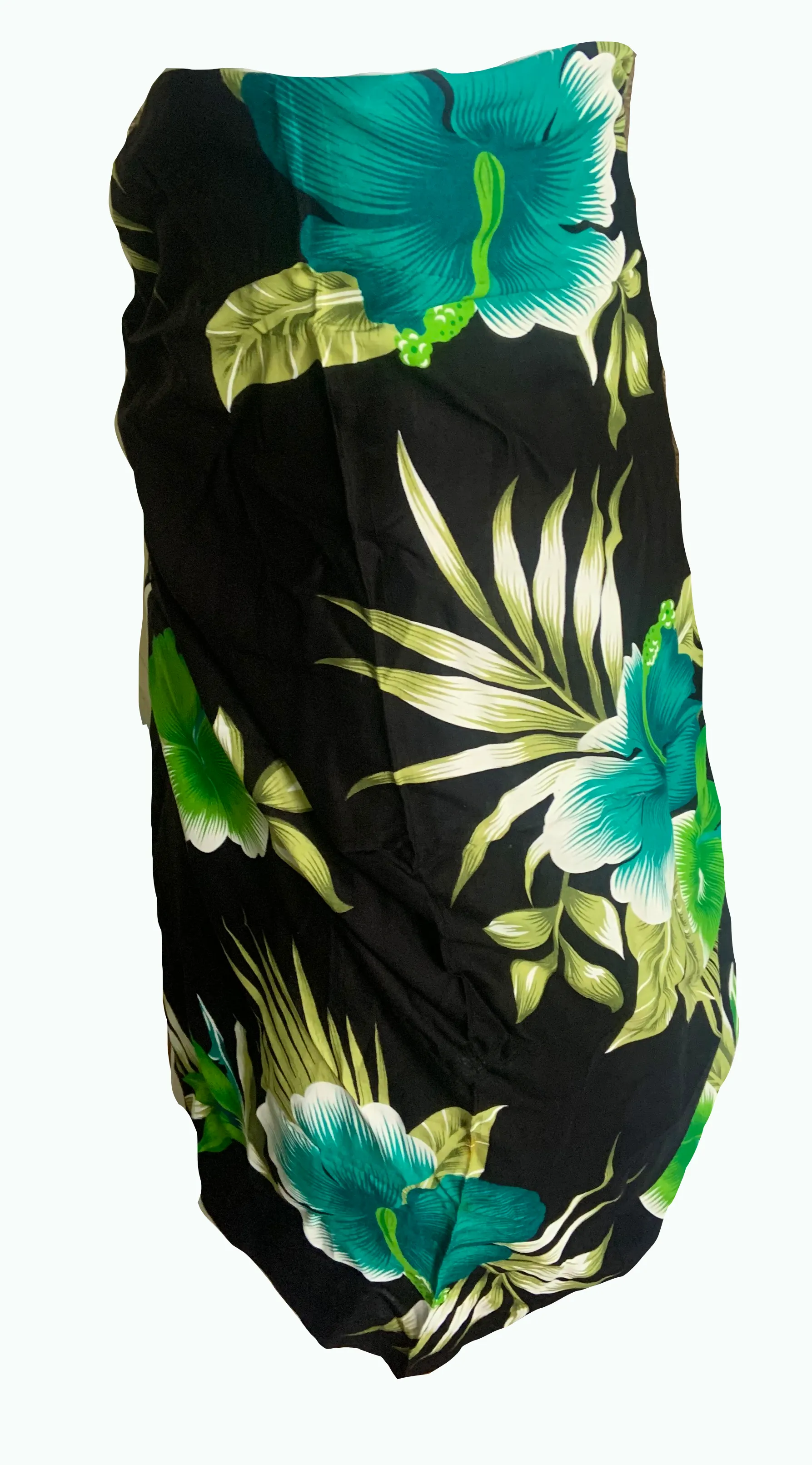 Elegant Black Sarong with Green Flower Pattern  - Sophisticated Beach Cover-Up