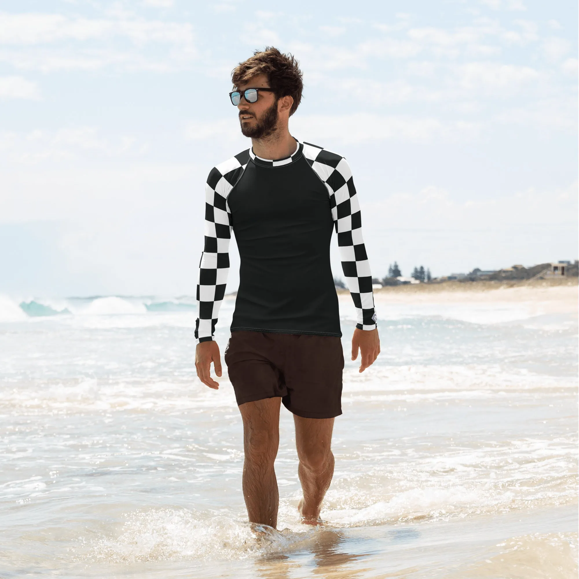 Fashionable Combat Gear: Checkered Men's Long Sleeve BJJ Rash Guard - Noir