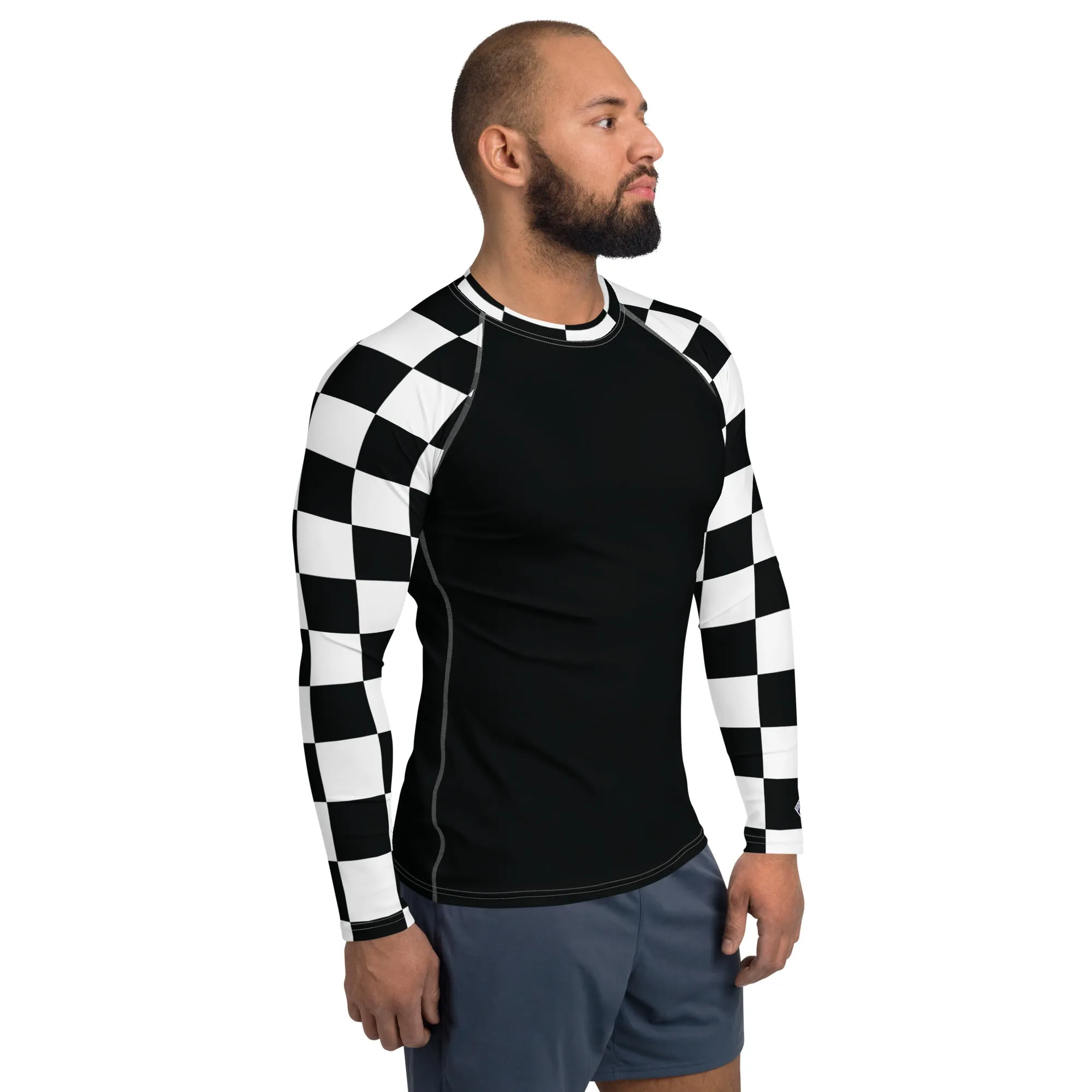 Fashionable Combat Gear: Checkered Men's Long Sleeve BJJ Rash Guard - Noir