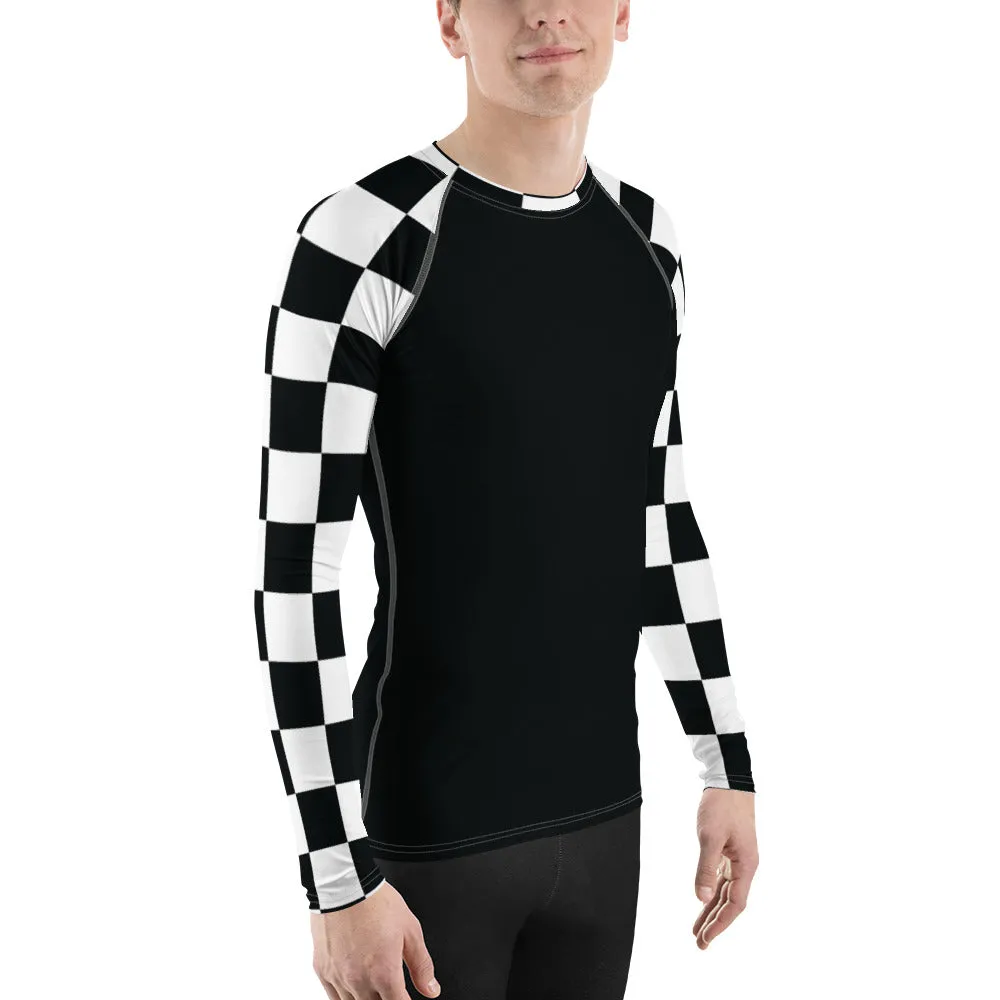 Fashionable Combat Gear: Checkered Men's Long Sleeve BJJ Rash Guard - Noir