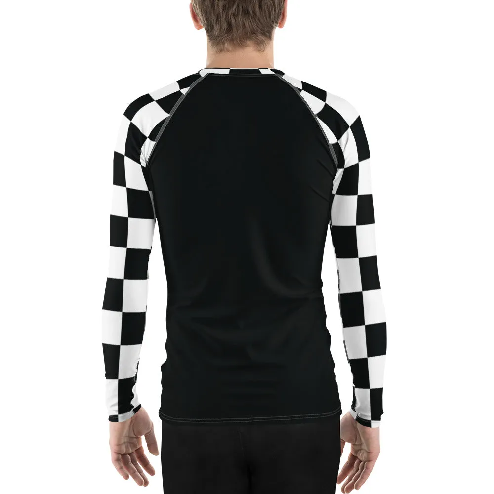 Fashionable Combat Gear: Checkered Men's Long Sleeve BJJ Rash Guard - Noir