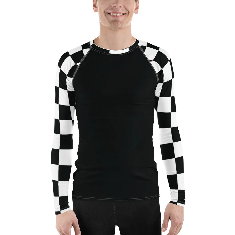 Fashionable Combat Gear: Checkered Men's Long Sleeve BJJ Rash Guard - Noir