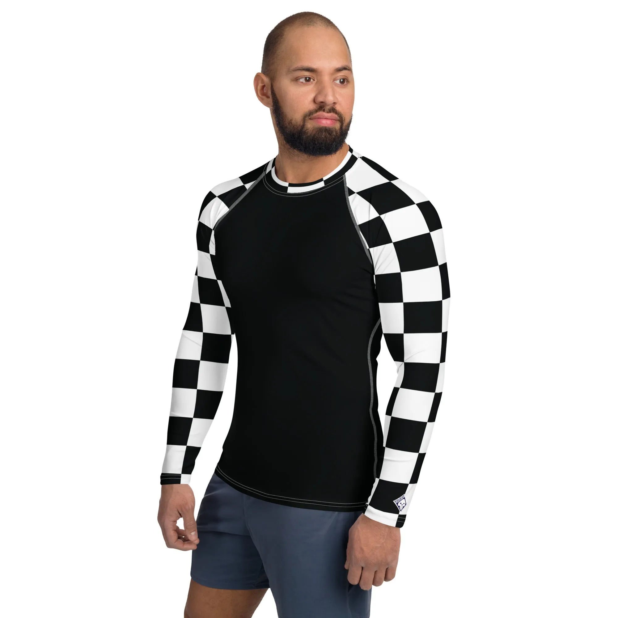 Fashionable Combat Gear: Checkered Men's Long Sleeve BJJ Rash Guard - Noir