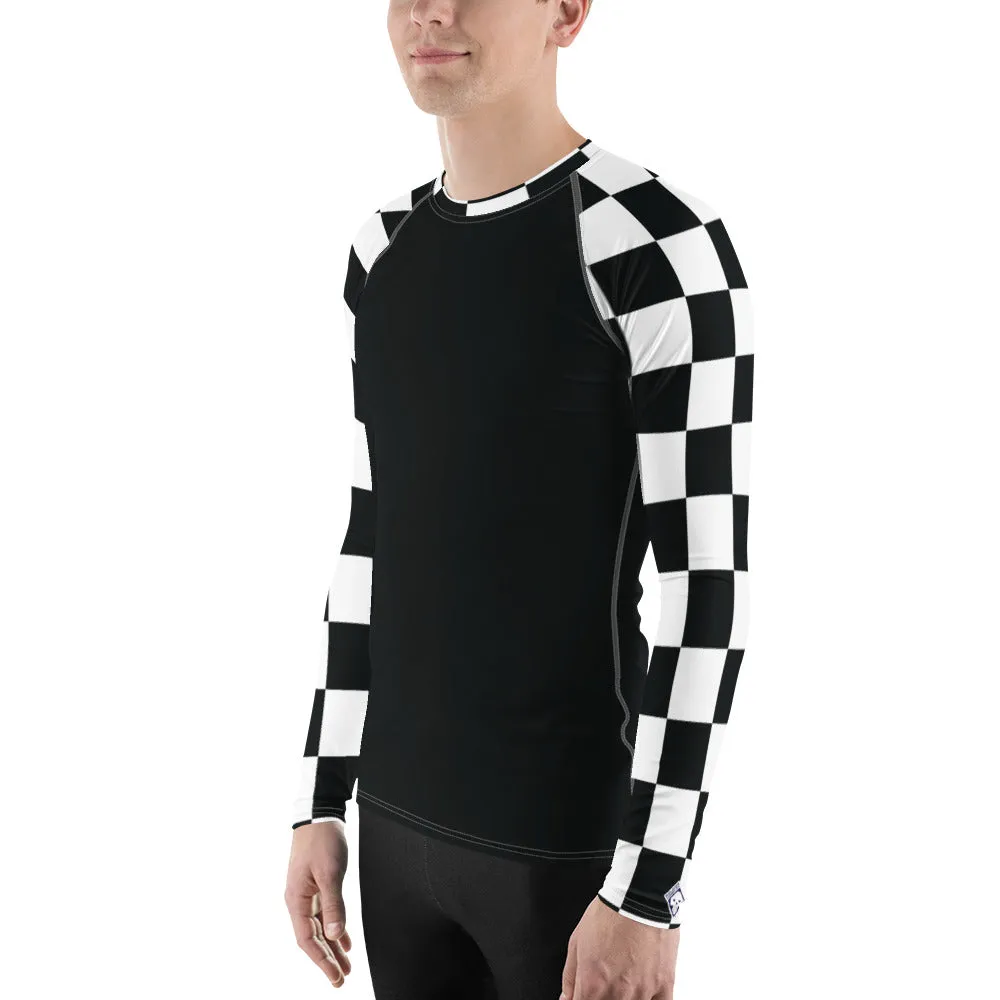 Fashionable Combat Gear: Checkered Men's Long Sleeve BJJ Rash Guard - Noir