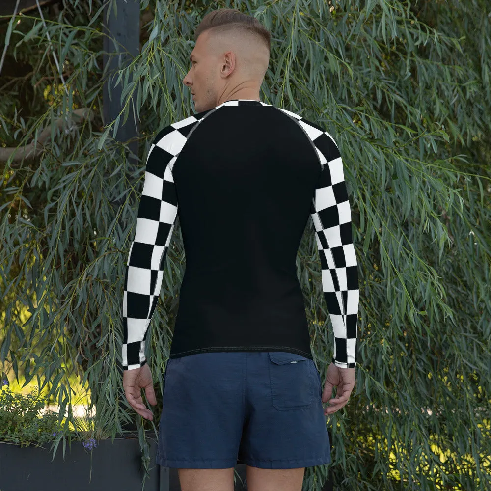 Fashionable Combat Gear: Checkered Men's Long Sleeve BJJ Rash Guard - Noir