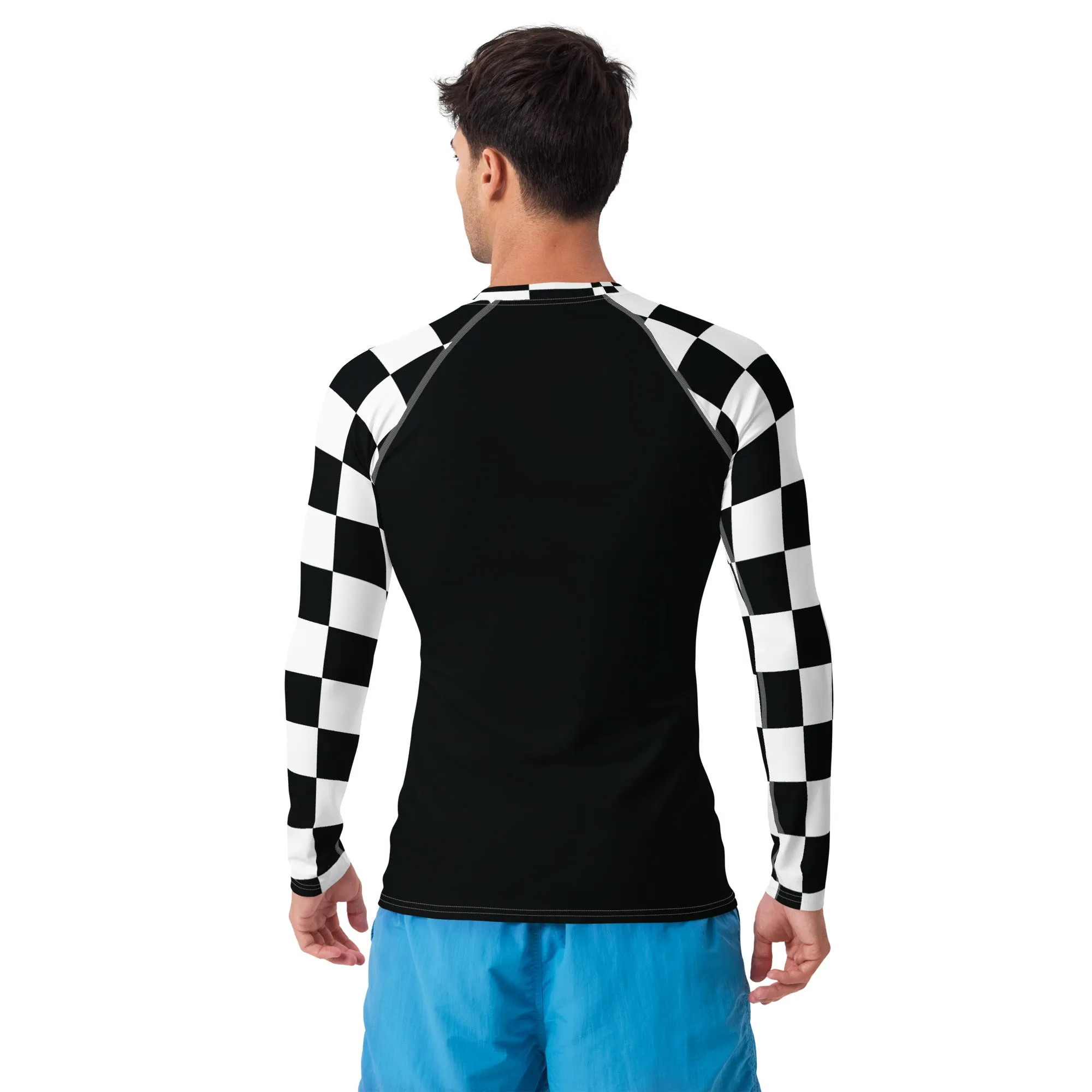 Fashionable Combat Gear: Checkered Men's Long Sleeve BJJ Rash Guard - Noir