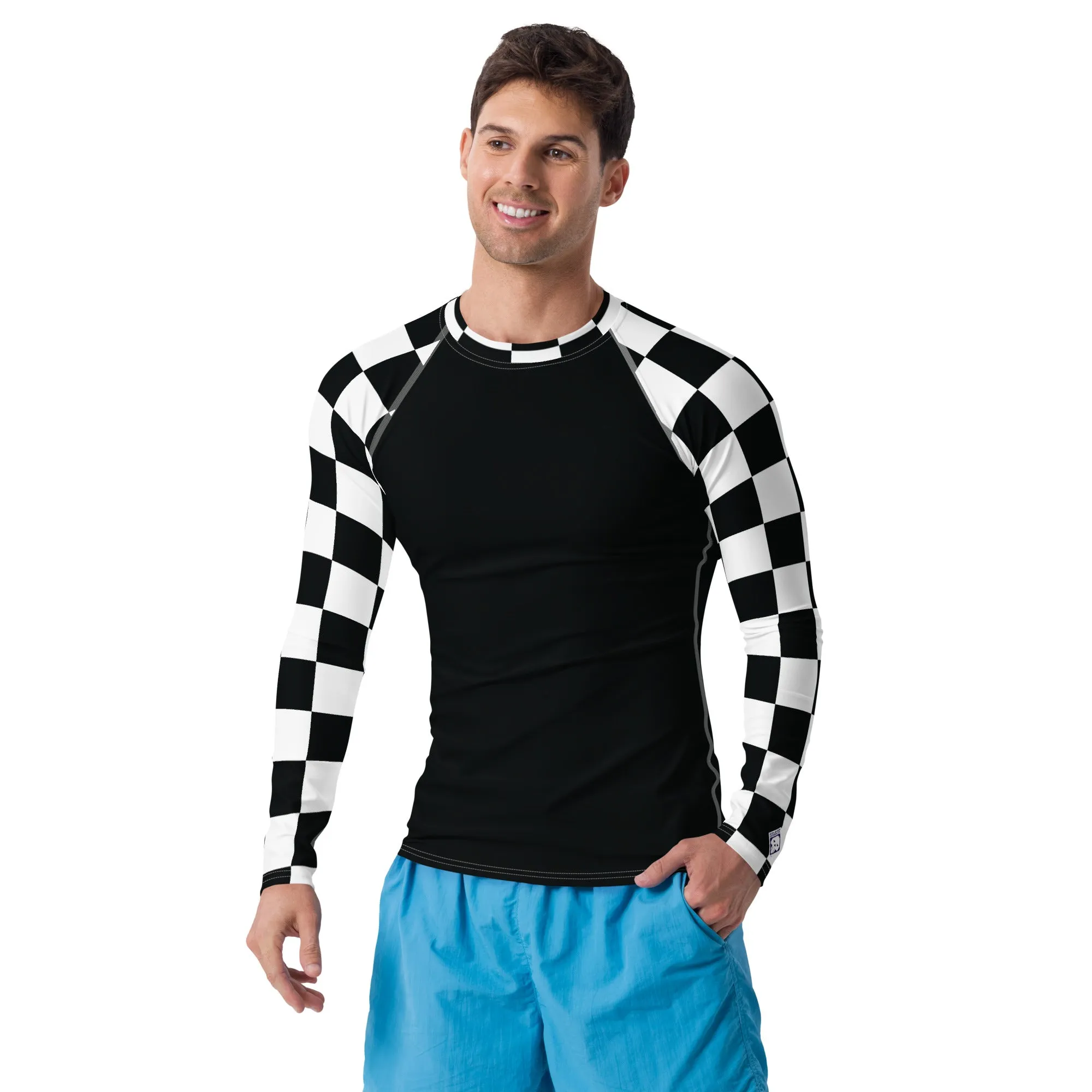 Fashionable Combat Gear: Checkered Men's Long Sleeve BJJ Rash Guard - Noir