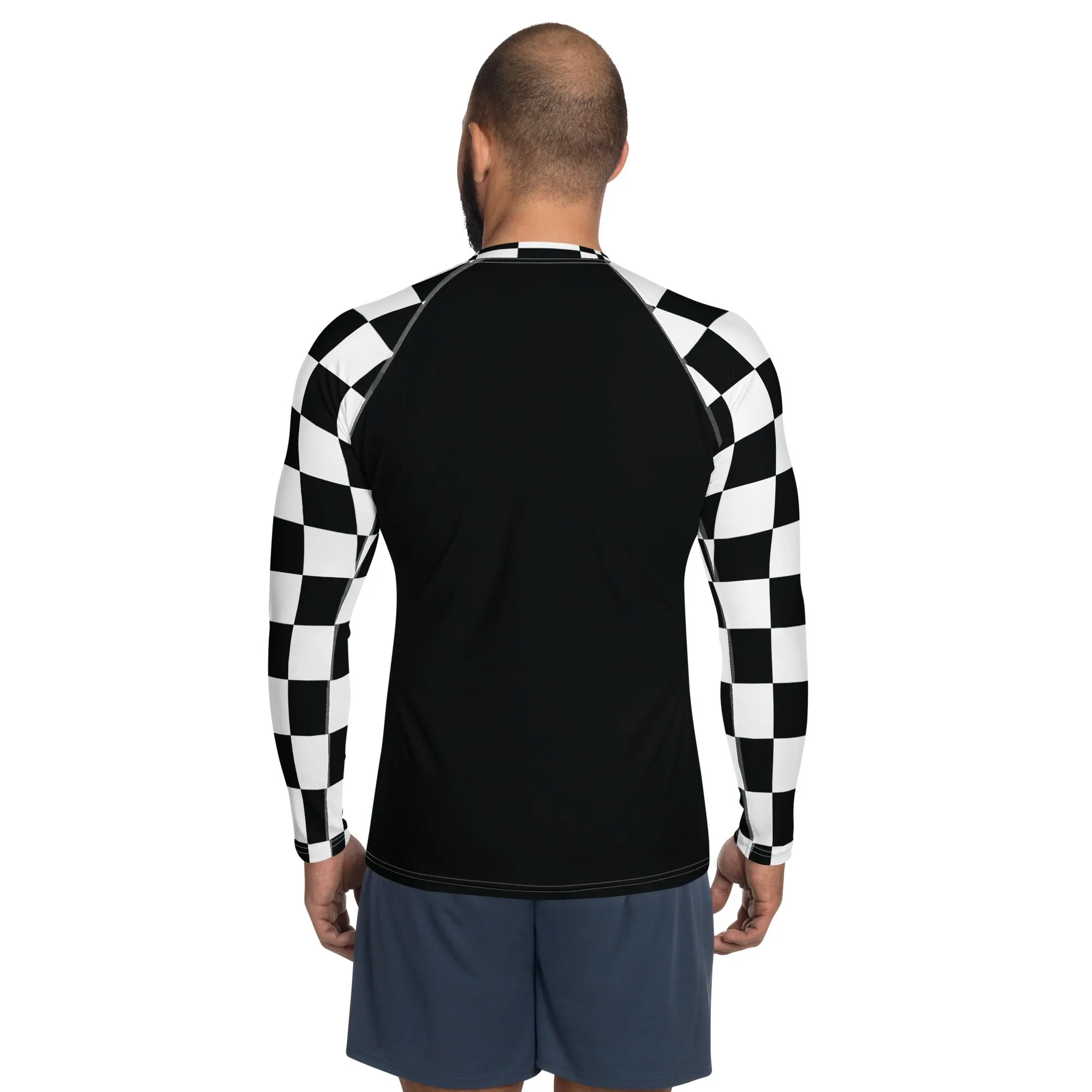 Fashionable Combat Gear: Checkered Men's Long Sleeve BJJ Rash Guard - Noir