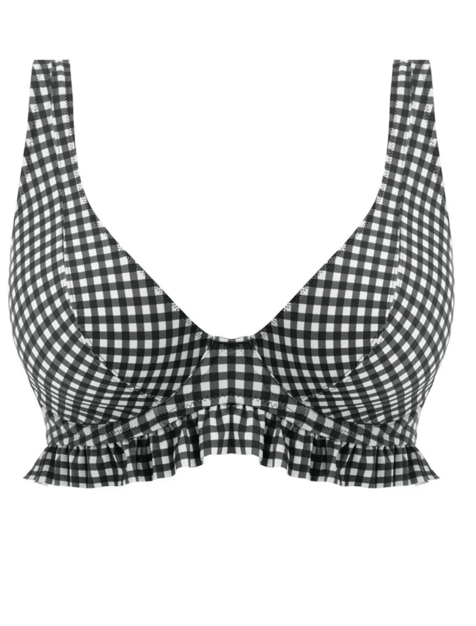 Freya Check In Underwire High Apex Bikini Top With J Hook, Black and White | Check In Freya Bikini Tops