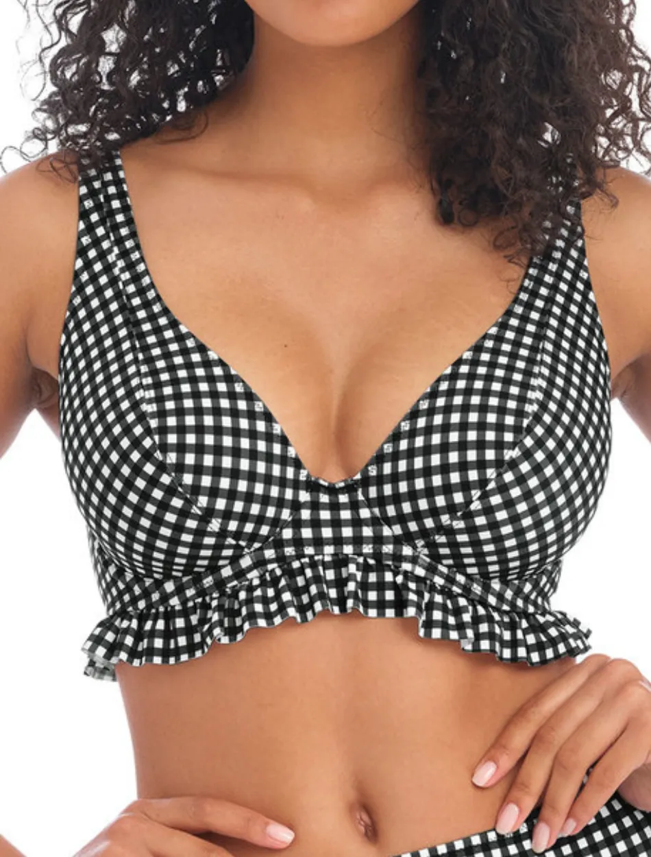 Freya Check In Underwire High Apex Bikini Top With J Hook, Black and White | Check In Freya Bikini Tops