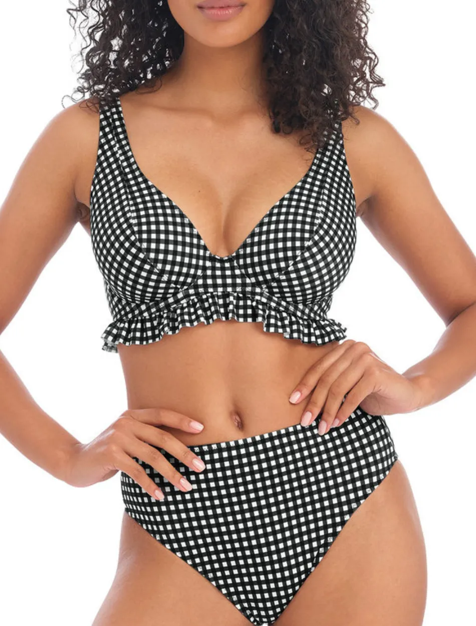 Freya Check In Underwire High Apex Bikini Top With J Hook, Black and White | Check In Freya Bikini Tops