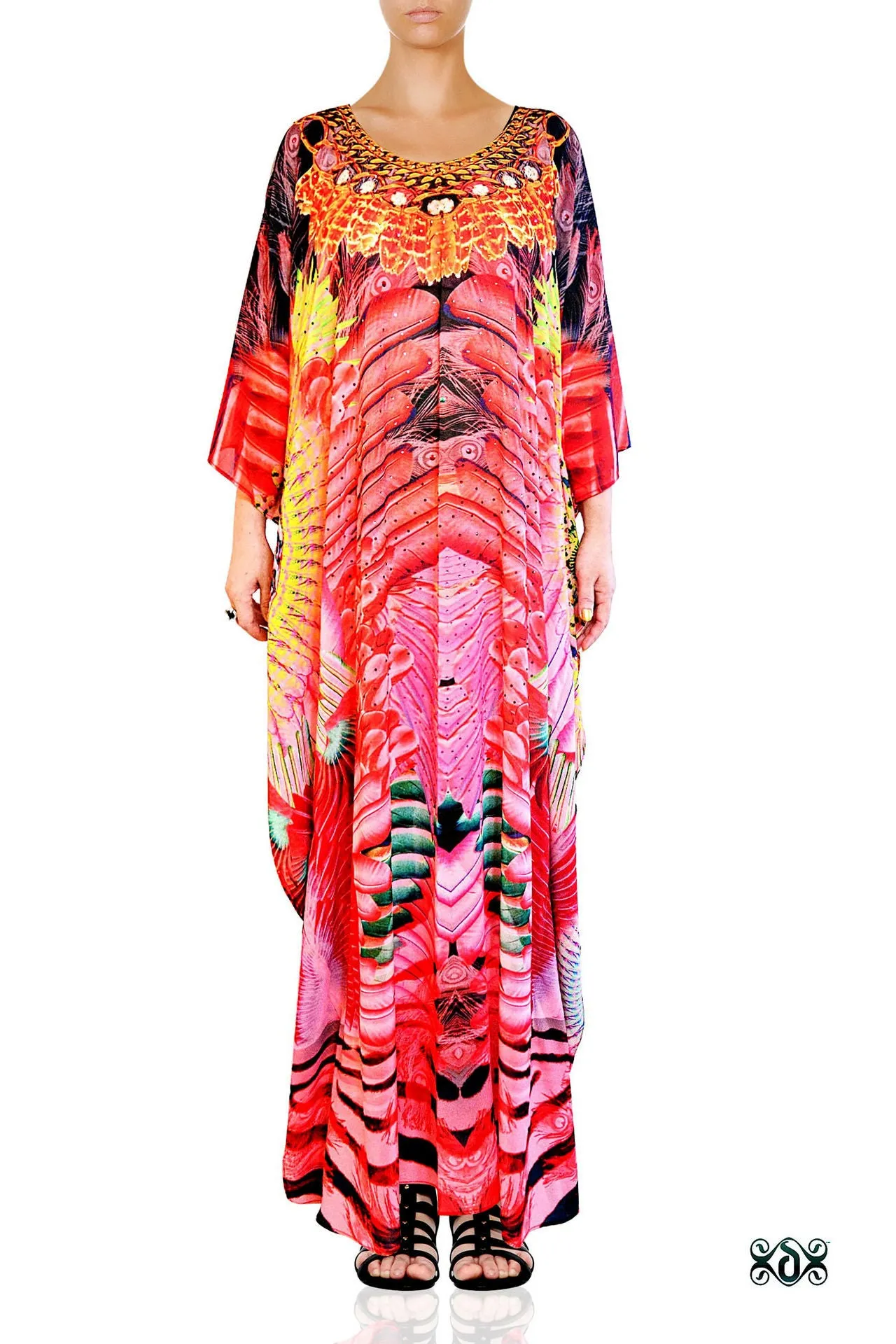 NATURE MORTE Red Feathers Printed Devarshy Long Embellished Kaftan - 1075B