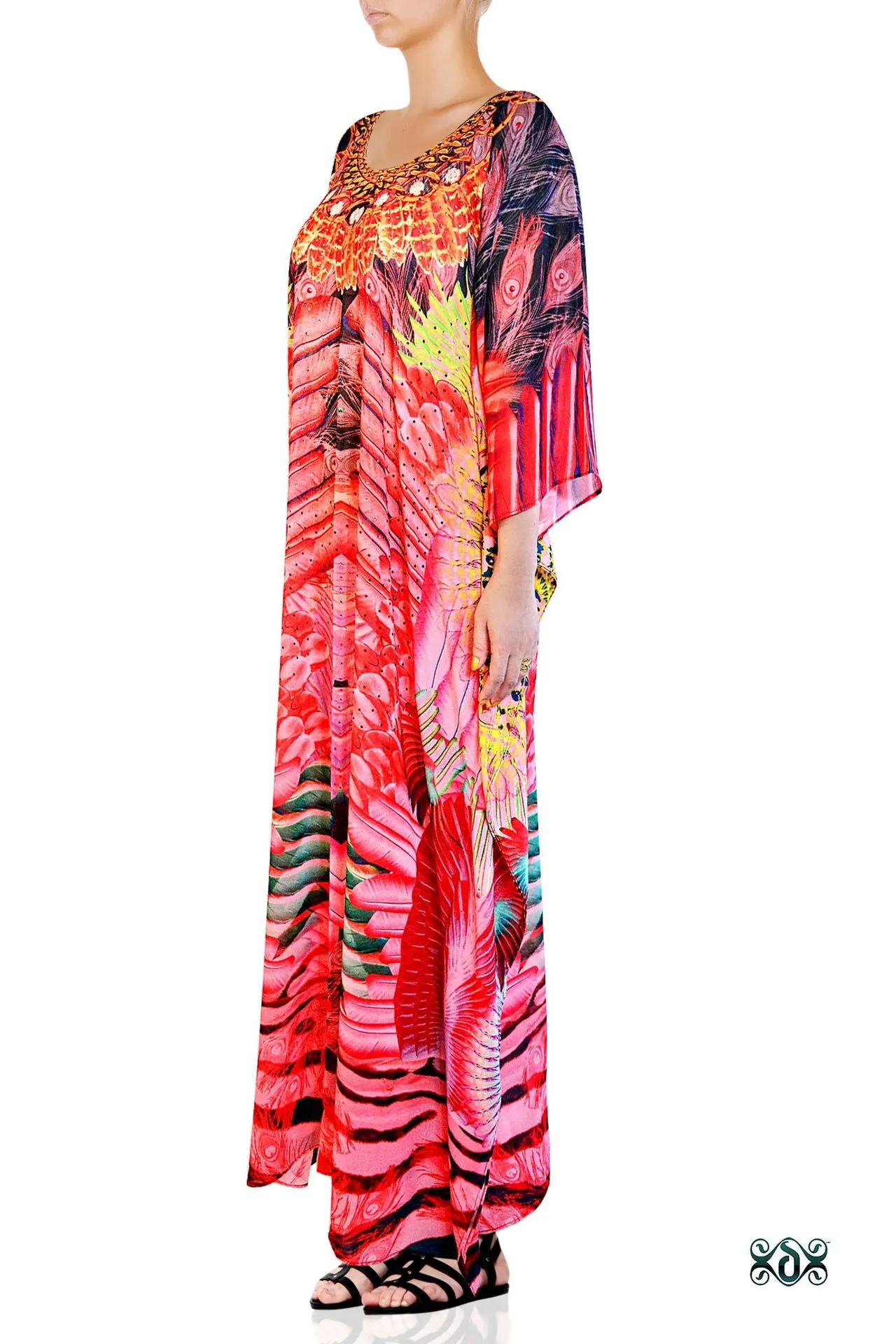 NATURE MORTE Red Feathers Printed Devarshy Long Embellished Kaftan - 1075B