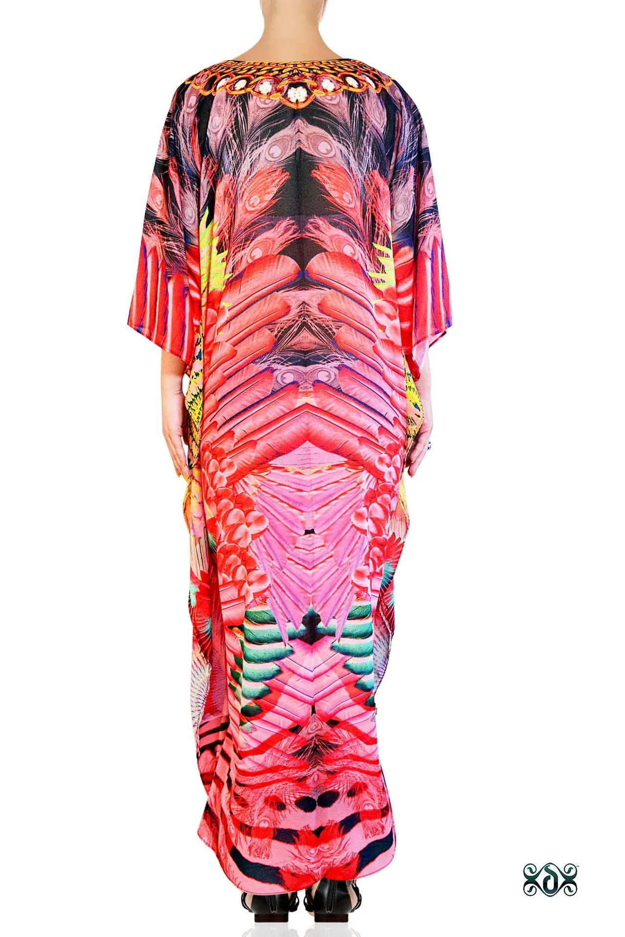 NATURE MORTE Red Feathers Printed Devarshy Long Embellished Kaftan - 1075B