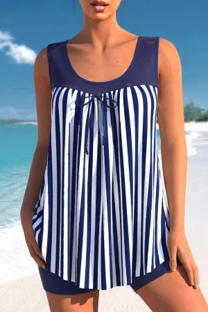 Nautical Striped Navy Blue Bowknot Tankini Set