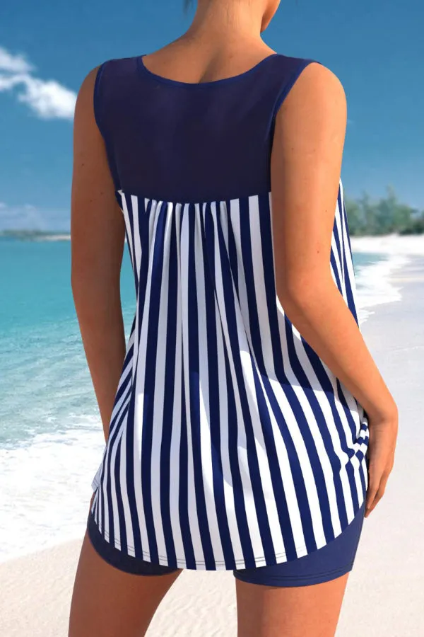 Nautical Striped Navy Blue Bowknot Tankini Set