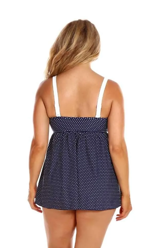 Navy & White Dots Swing Bandeau Tankini Top