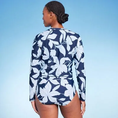 New - Women's Floral Print Cropped Rash Guard - Kona Sol Multi Blue S