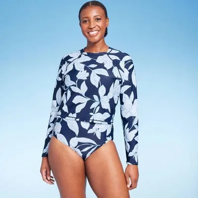 New - Women's Floral Print Cropped Rash Guard - Kona Sol Multi Blue XL