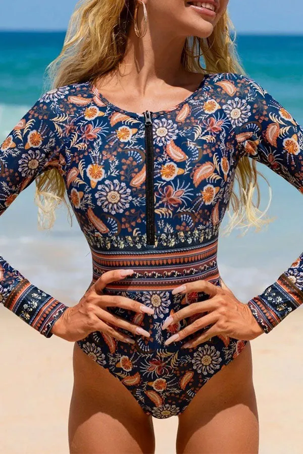 Paisley Printed Patchwork Long Sleeve Swimsuit One-piece UPF50  Rash Guard