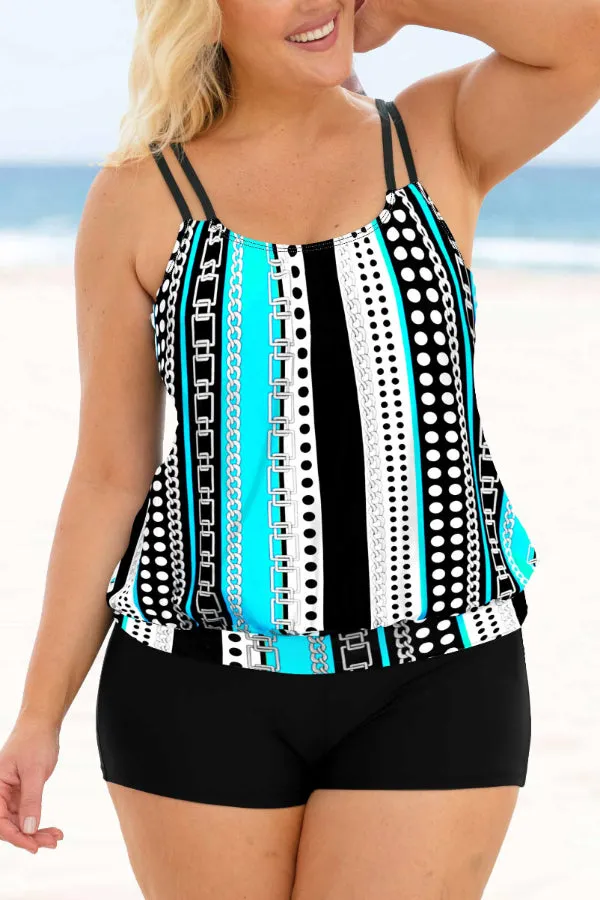 Plus Size Geometric Print Cyan Tankini Set