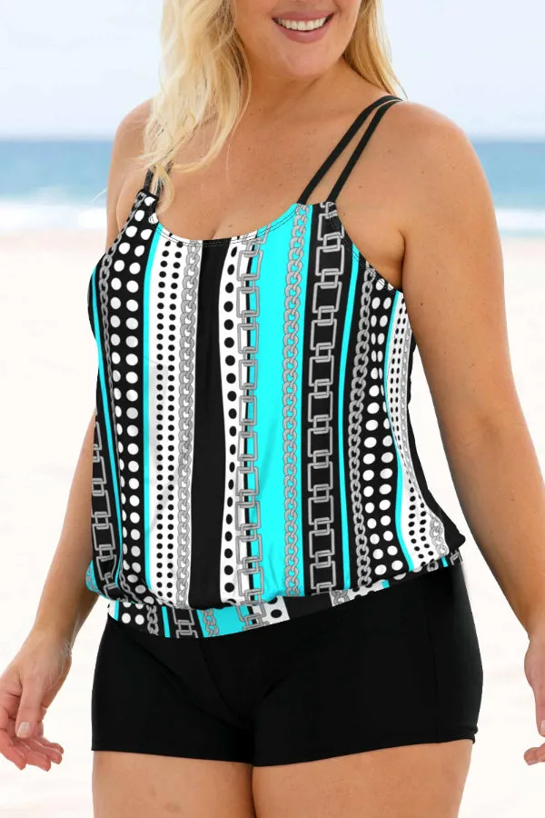 Plus Size Geometric Print Cyan Tankini Set