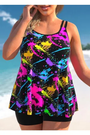 Plus Size Graffiti Print Black Tankini Set