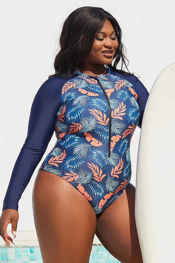 Plus Tropical Blue Leaves Print Zip-Up One-Piece Swimsuit UPF50  Rash Guard