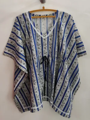 Pure Cotton Stripes Printed Kaftan Top - Blue