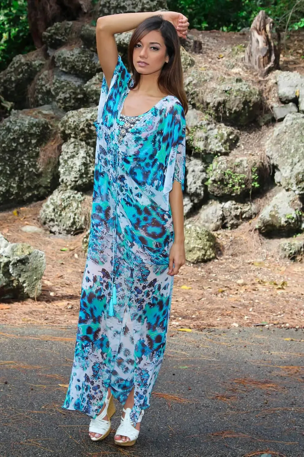 Royal Jungle Printed Long Kaftan-Style Robe And Beachwear Cover Up