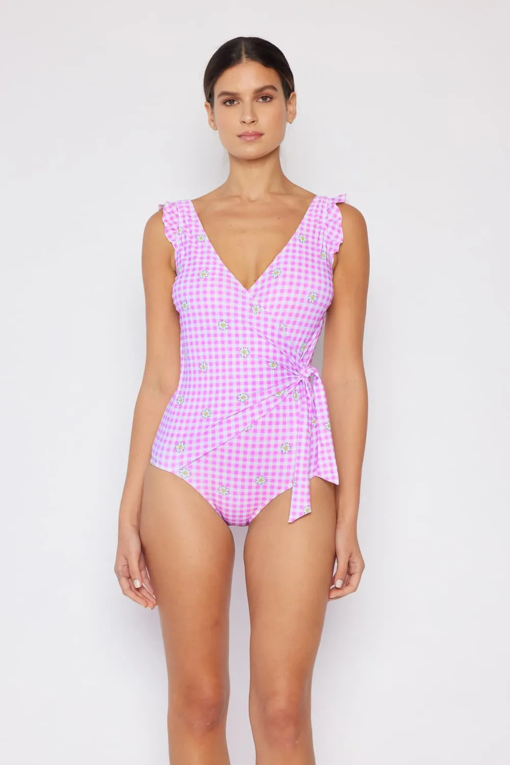 Ruffle Faux Wrap One-Piece in Carnation Pink