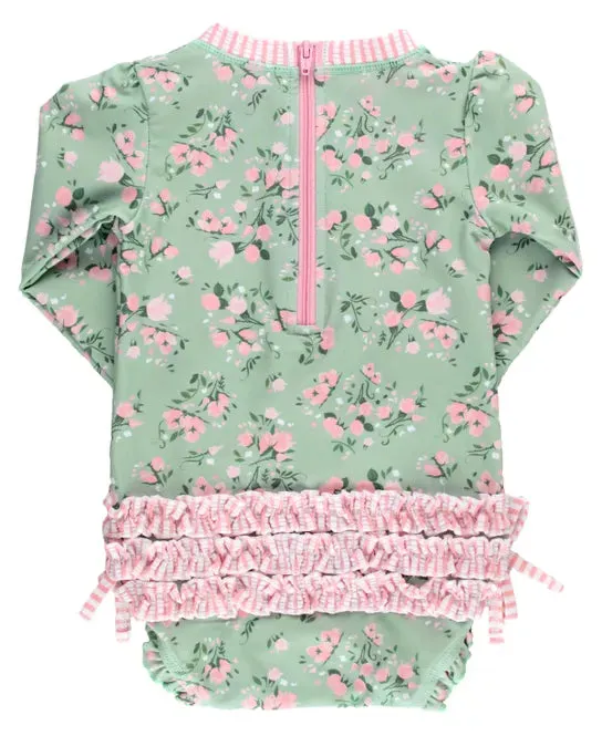 RuffleButts Tea Roses Long Sleeve One Piece Rash Guard