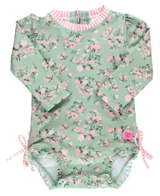 RuffleButts Tea Roses Long Sleeve One Piece Rash Guard