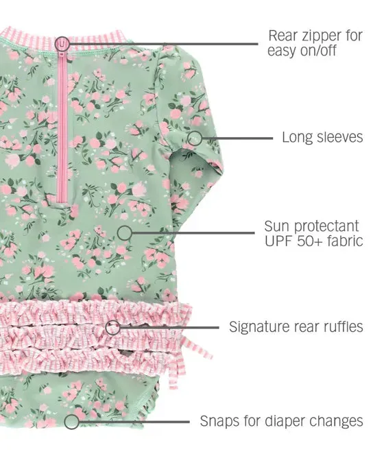 RuffleButts Tea Roses Long Sleeve One Piece Rash Guard