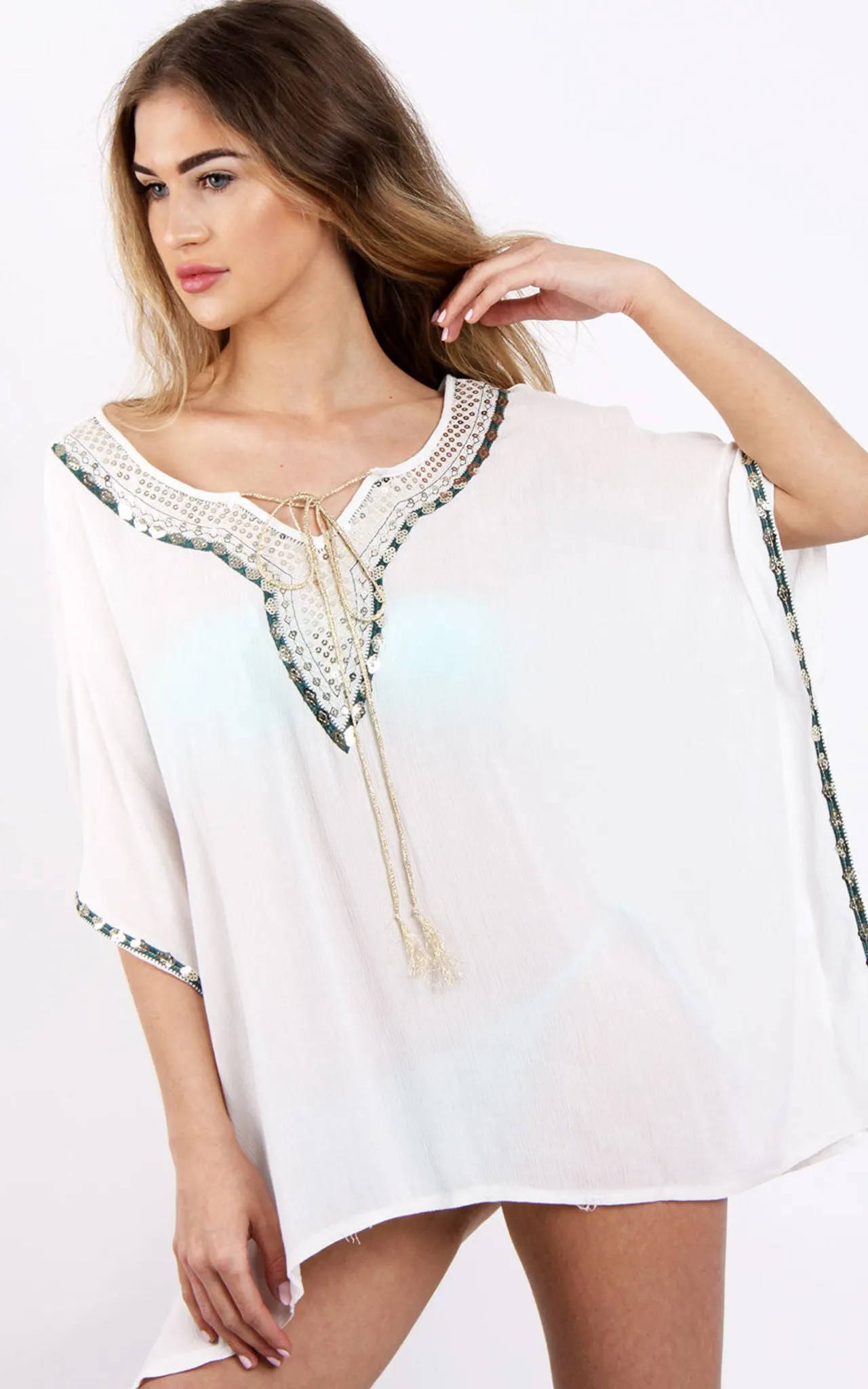 Sequins Embellishment Kaftan Top Cover Up