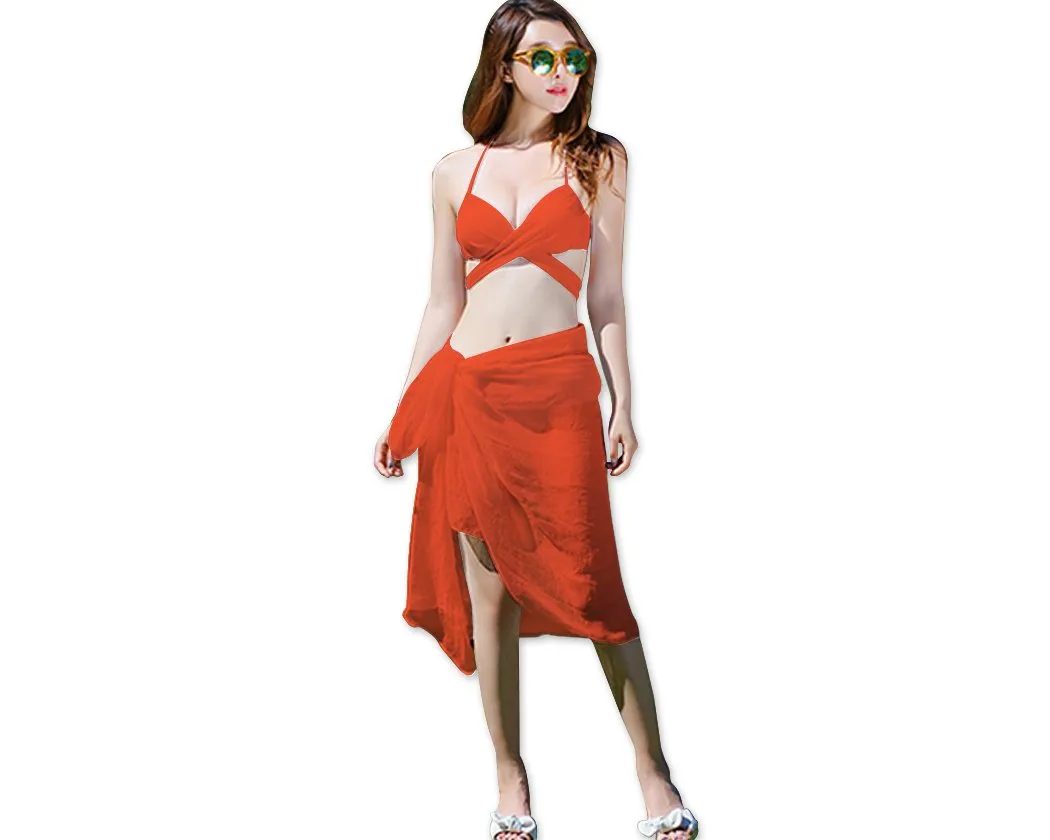 Solid Color Bandage Halter Bikini Set with Cover Up Sarong - Red